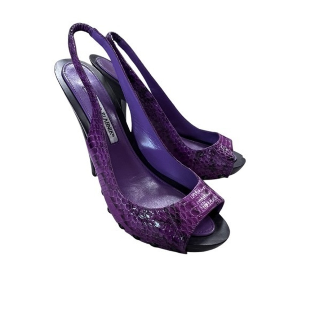 Manolo Blahnik Purple Snakeskin Peep-Toe Platform Slingback Heels